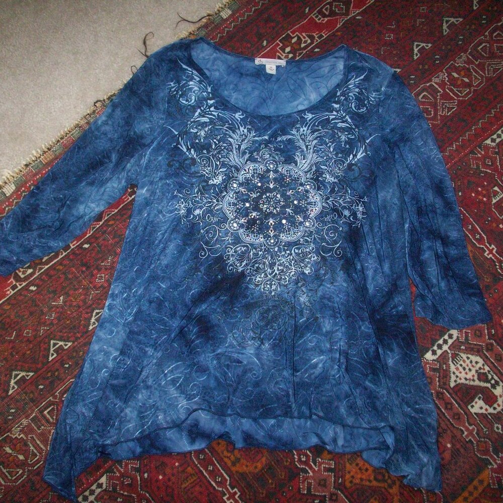 Y2K 2000s Vintage Women’s XL 3/4 Sleeve Tie Dye Flowy Mcbling Rhinestone Shirt